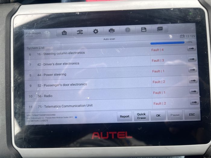 Autel diagnostic scan tool displaying vehicle test results