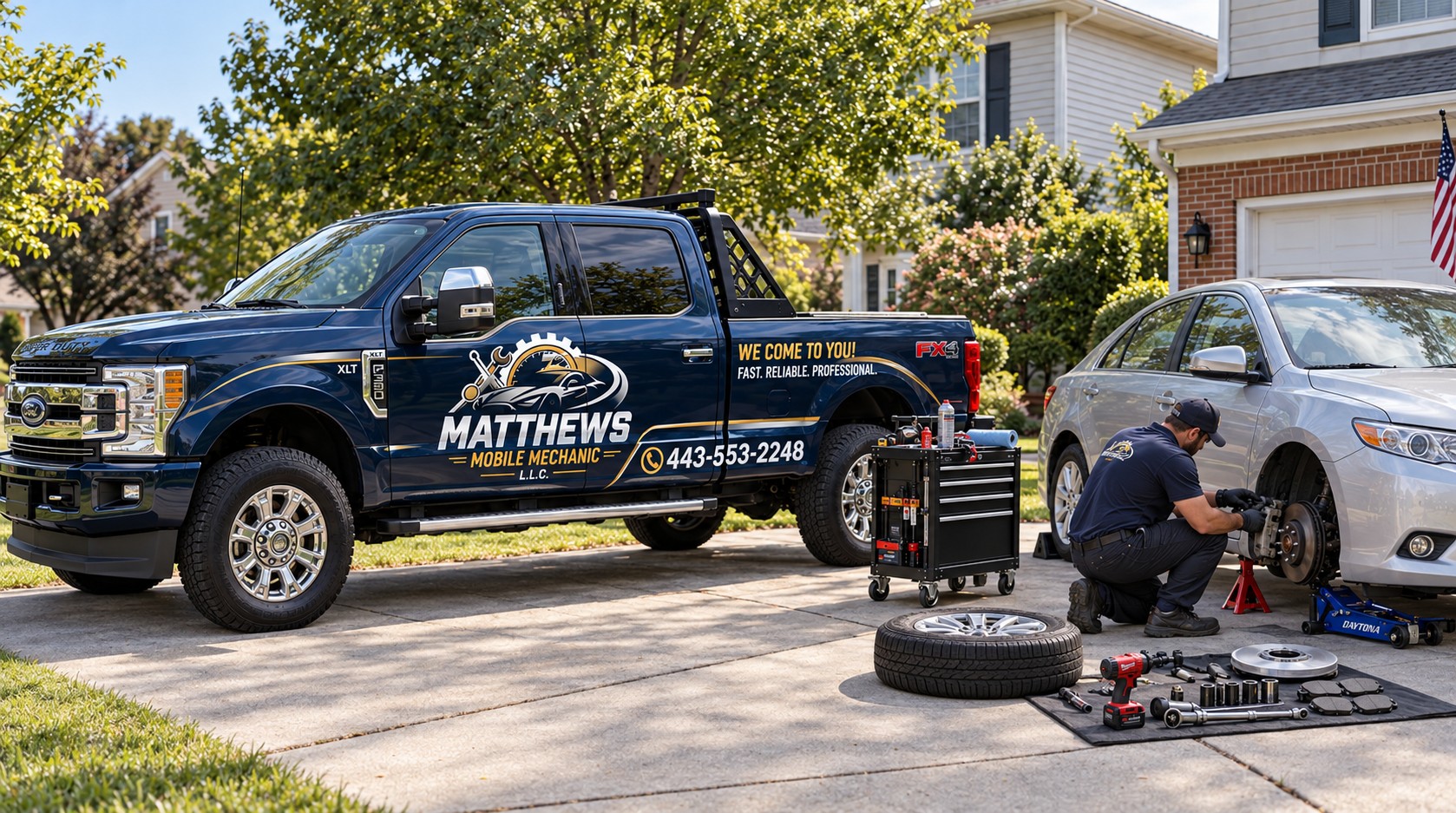 Illustrated on-site brake service with Matthews Mobile Mechanic’s branded blue Ford truck and tools laid out in a driveway
